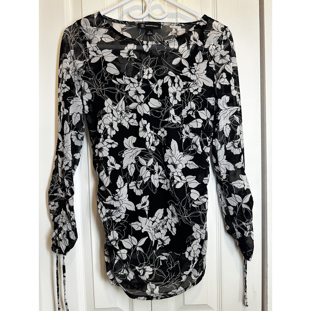 INC International Concepts Floral Mesh Ruched Long Sleeve Top size Medium #101